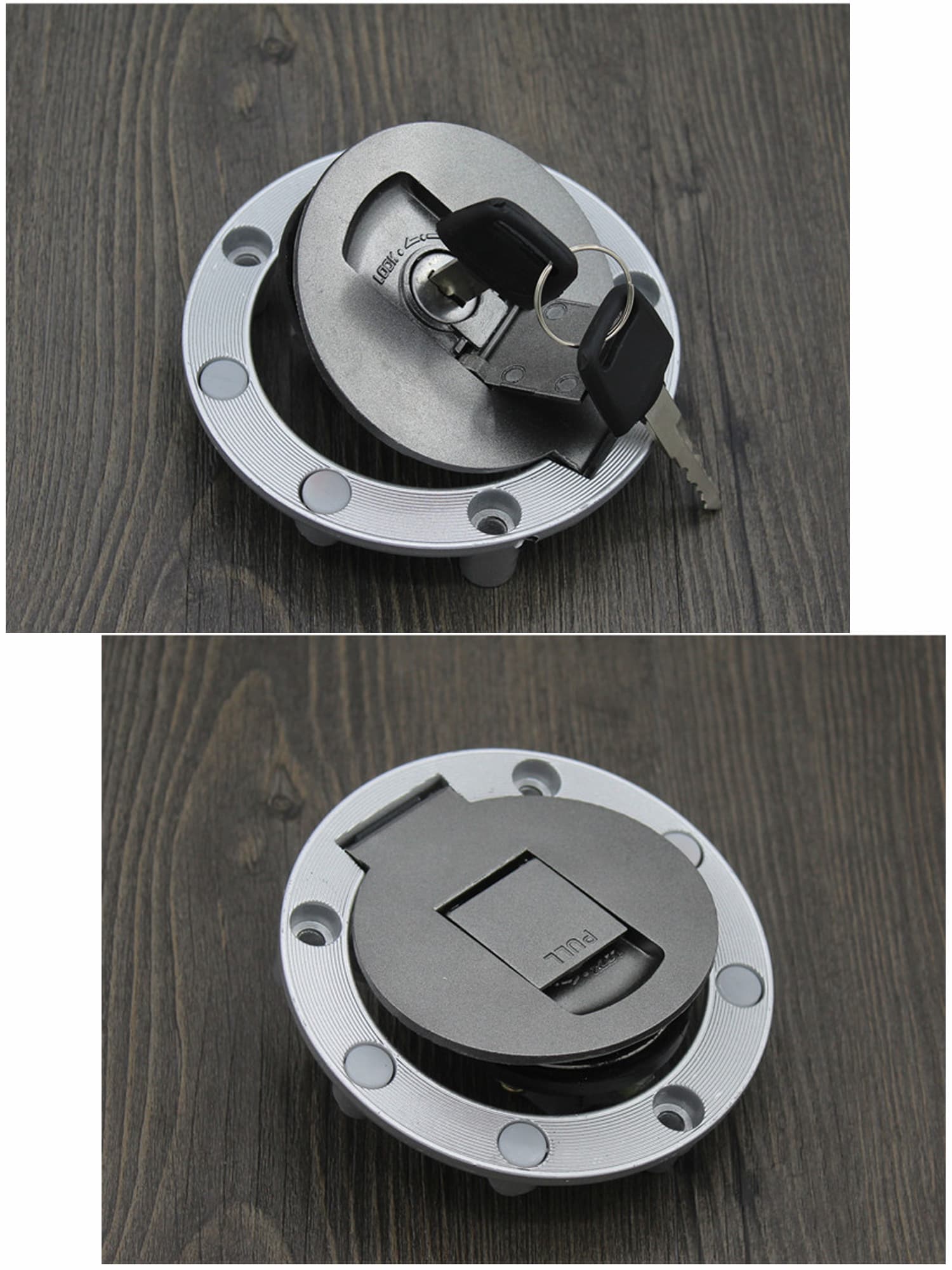 Крышка бензобака с ключом для мотоцикла Yamaha (R1, R6, FZR, XJR, TDM, FZ). Откидная пробка бака металлическая, серебристая